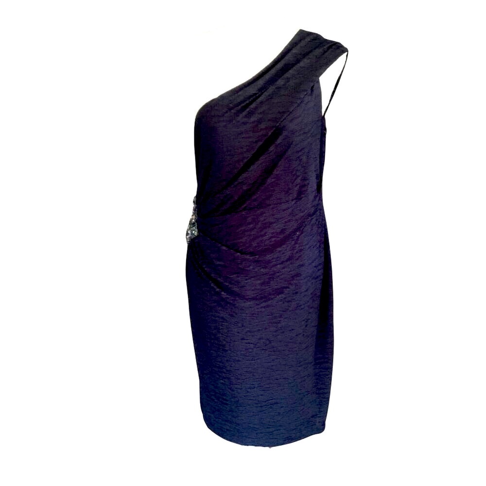 David Meister Navy One-Shoulder Beaded Cocktail Dress – Size 12